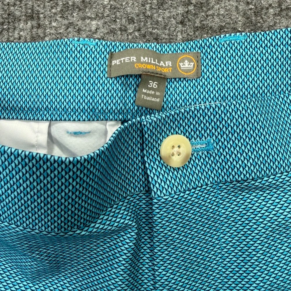 Peter Millar Crown Sport Mens 36 Teal Blue Geometric Fish Scale Golf Shorts 9in